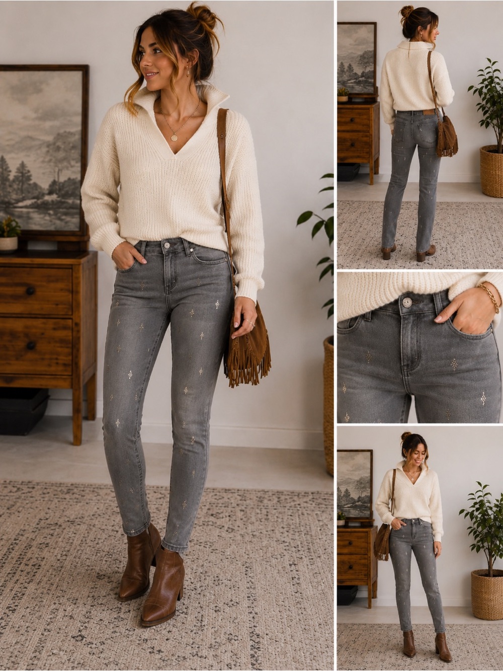 Sundance Gray Skinny Jeans with Subtle Embroidered Motif